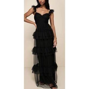 Lulus Pure Radiance Dress Womens Large Black Mesh Swiss Dot Tiered Maxi NEW